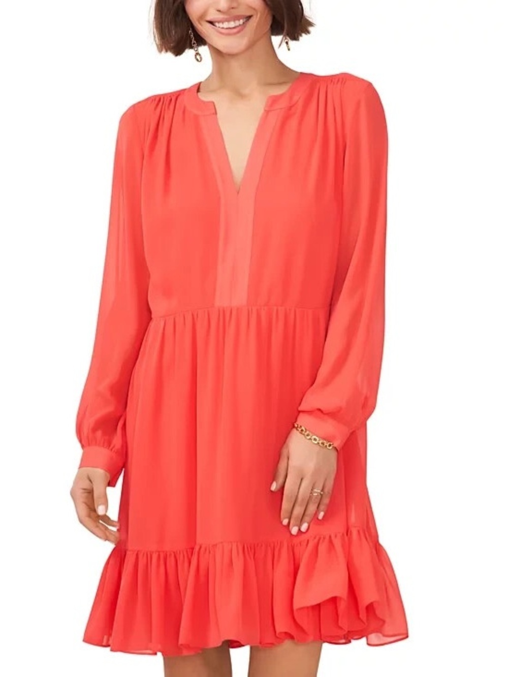 Vince Camuto Coral Long Sleeve Ruffle Hem Dress L